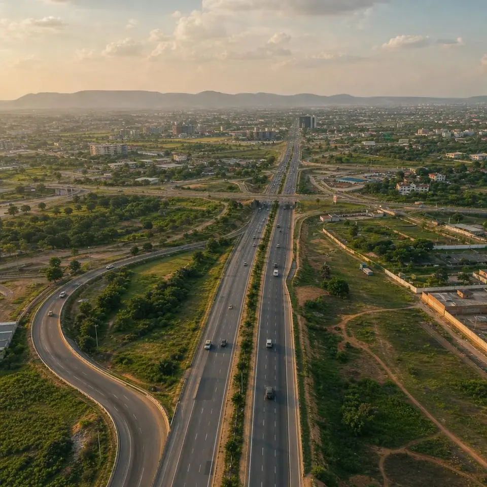 Aerial view of a busy road interchange